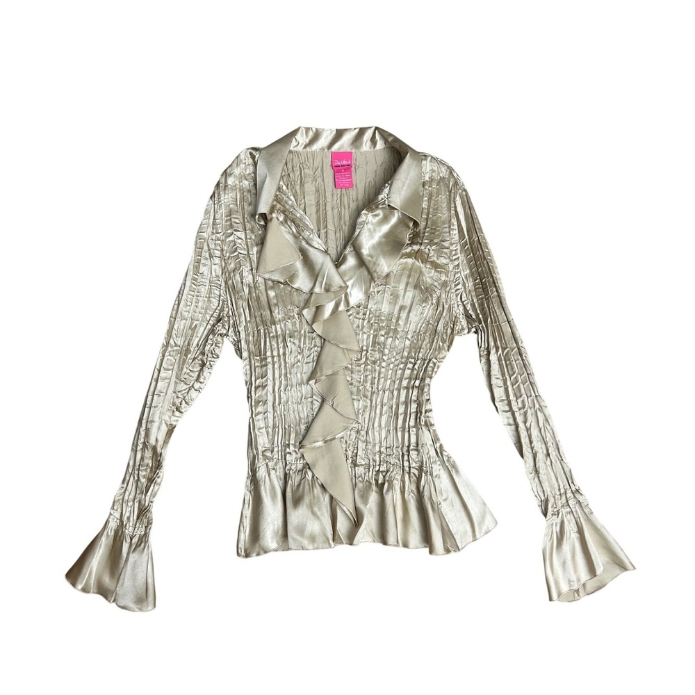Vintage Champagne Gold button up Crinkle Satin Ruffle Blouse M plisse